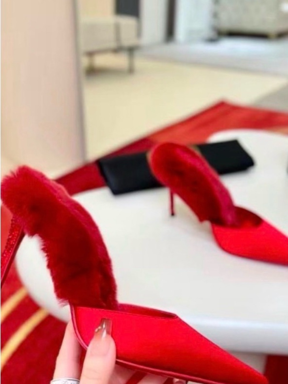 Red Fur-Trim Satin Pointed-Toe Heels - Women